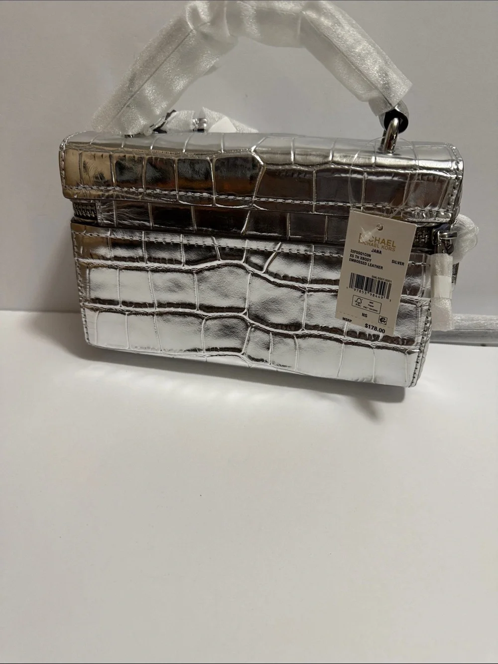 Michael Kors Metallic Silver Croc-Embossed Mini Vanity Bag